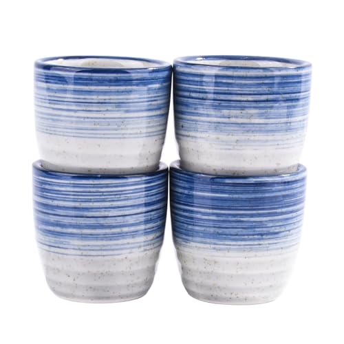 Japanese Porcelain Sake Cup Set of 4 - Blue & White Striped Tasting Cups, Traditional Ceramic Drinkware