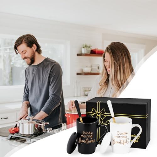 YHRJWN Black & White Good Morning Beautiful & Handsome Mugs, His & Hers 14 Oz Coffee Set (2) Christmas