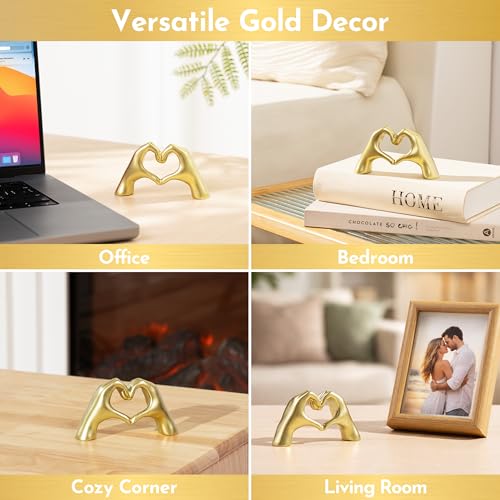Gold Heart Hands Sculpture – Modern Aesthetic Tabletop Decor for Shelves