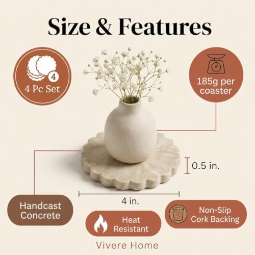 Vivere Home Concrete Stone Coasters Set of 4 - Non-Slip Drink Protectors for Coffee & Drinks