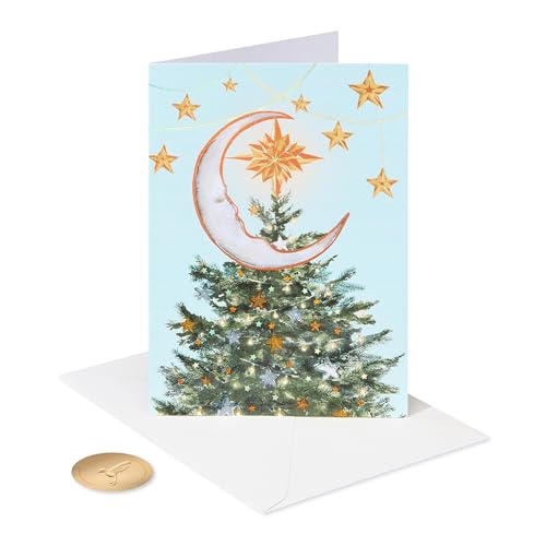 Papyrus Christmas Cards Boxed Set with Envelopes & Gold Seals - Magic of the Season, FSC Sonata Moon Tree Topper Variant, 14 Count