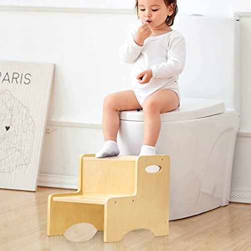 Beige Wooden Toddler Step Stool with Handles - Non-Slip Two Step Kids Stool for Bathroom & Kitchen