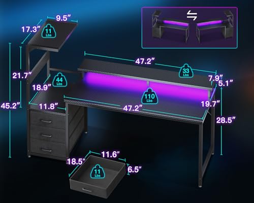 59-Inch Gaming Desk with PC Showcase Stand, RGB LED and 3 Storage Drawers