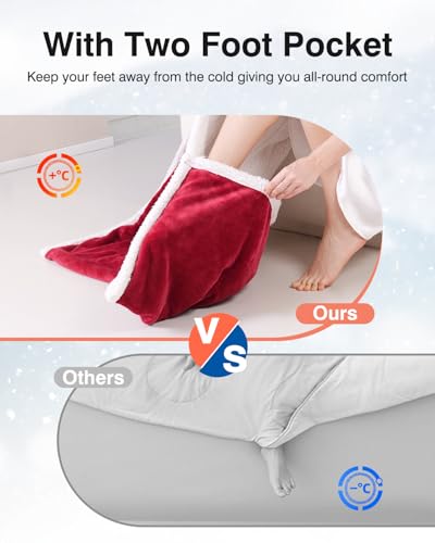 Yokimisu Wearable Heated Blanket with Sleeves & Foot Pockets, Electric Heated Robe, 6 Heating Levels, 50x70 inches, Red