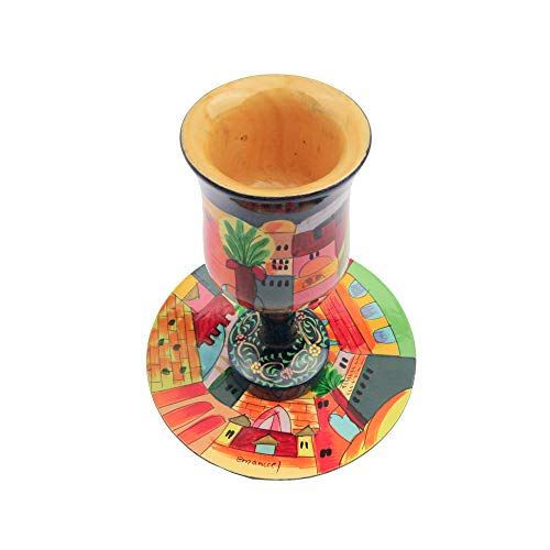 Hand-Painted Jerusalem Scene Wooden Kiddush Cup and Saucer Set