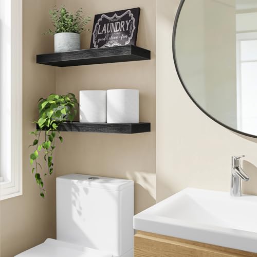 Black Floating Wall Shelves - Set of 2, 15.7 Inch Wood Storage Display Shelves