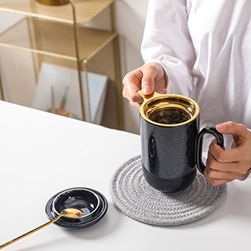VICRAYS Blue 16 oz Ceramic Tea Mug with Infuser & Lid - Hot Loose Leaf Steeping Cup