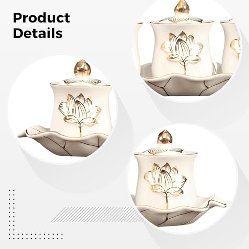 Ceramic Tibetan Holy Water Cups Set with Lotus Embossed Lids - 3 Piece Home Decor