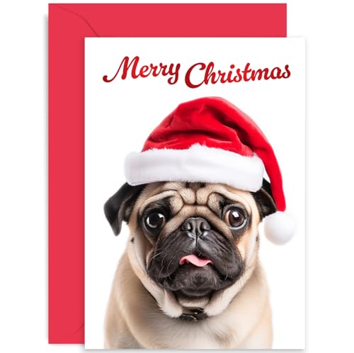 Old English Company Pug Christmas Card - Santa Hat Holiday Greeting Card for Family & Friends