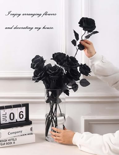 12 PCS Artificial Black Roses - Realistic Silk Flowers for Home & Wedding Decor