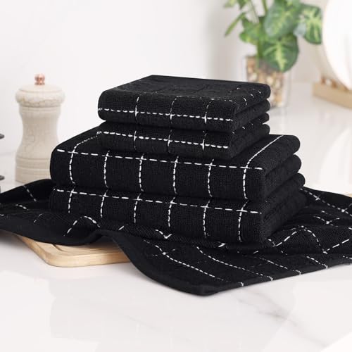 8-Piece Cotton Kitchen Towel and Dishcloth Set, Absorbent Checkered Black