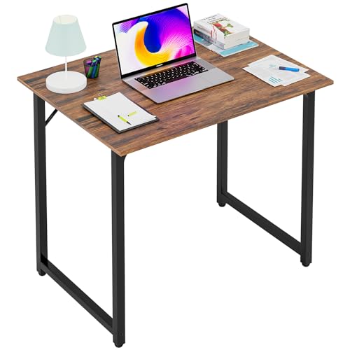 32 Inch Computer Desk for Small Spaces - Brown Writing Desk with Steel Frame