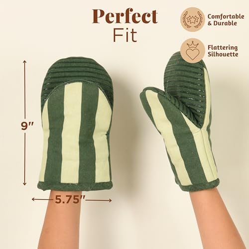 Mini Oven Mitts - Heat Resistant Silicone & Cotton Gloves, Set of 2, Green
