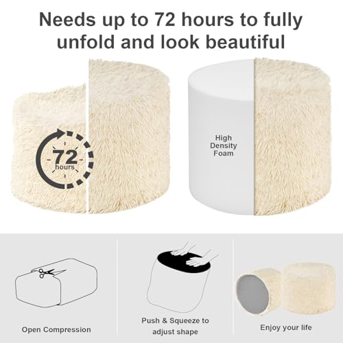 Round Faux Fur Pouf Ottoman, 17 x 14 Inch Firm Foot Rest, Beige
