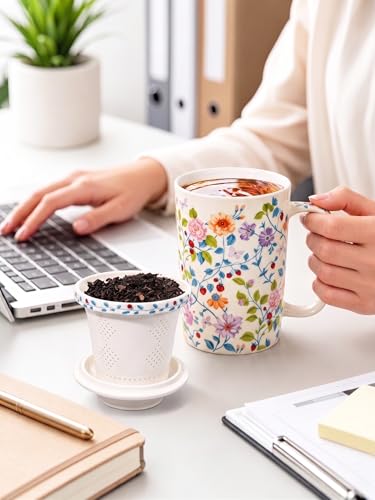Vibrant Floral Ceramic Tea Mug with Infuser & Lid, 16oz, Perfect for Loose Leaf Tea