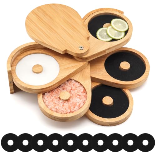 Bamboo Margarita Salt Rimmer Set with Rotating Tray & Sponges – Cocktail & Party Condiment Organizer