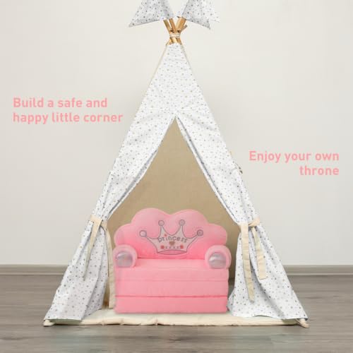 Foldable Toddler Sofa Chair, Soft Rabbit Fur Crown Kids Couch - Pink