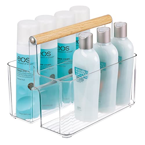 mDesign Plastic Portable Shower Caddy Divided Basket Bin Storage Organizer with Bamboo Handle for Bathroom, Dorm, Shelf & Cabinet Holds Shampoo, Conditioner - Aura Collection, Clear/Natural