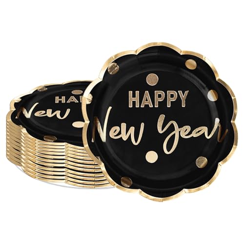 LeZakaa 25Pcs Christmas Paper Plates 7 Inch Black & Gold New Year Design