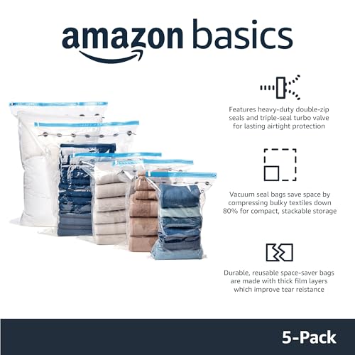 Amazon Basics Vacuum Storage Bags Large 5-Pack with Hand Pump