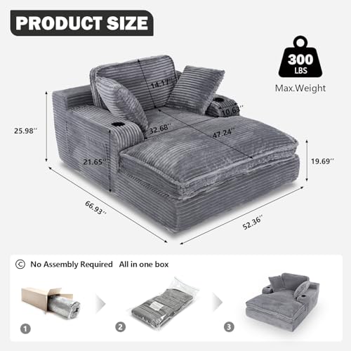 67" Oversized Faux Fur Chaise Lounge Chair with Cup Holders and Storage