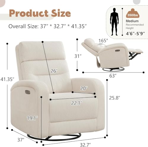 Power Swivel Rocker Recliner Nursery Glider with USB Charging Port