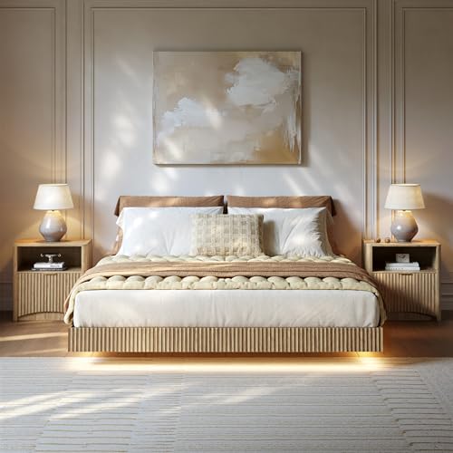 3-Piece Queen Floating Bed Frame Set with LED Lights & Matching Nightstands