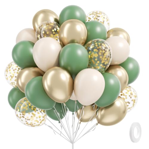 12-Inch Sage Green Balloons with White & Gold Confetti – Pack of 60 (Variation: Green Sand White)