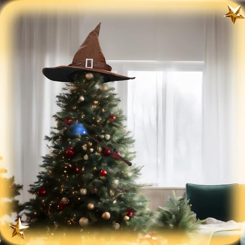 Wizard Hat Christmas Tree Topper with Light-Up Wand – 16.7in/41cm Brown