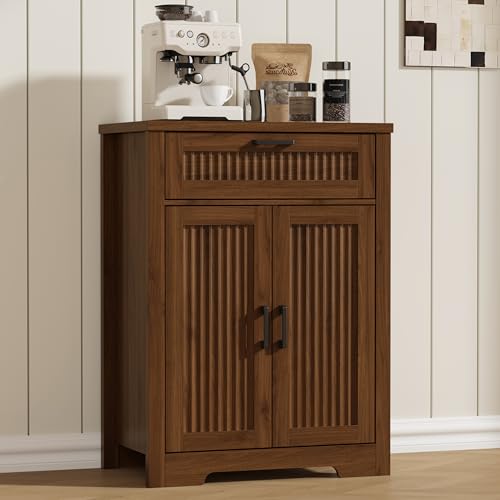 Fluted Farmhouse Sideboard Cabinet with Drawer and Adjustable Shelf, Walnut