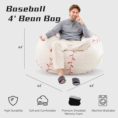 Oversized 44-Inch Baseball Bean Bag Chair with Plush Memory Foam Filler