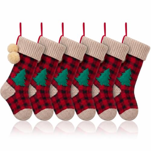 6-Pack Red Black Knit Christmas Stockings with Pom-Poms & Green Tree Patch - 17 Inch Holiday Decor