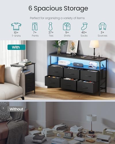 6-Drawer Dresser with Charging Station & LED Lights, Modern TV Stand