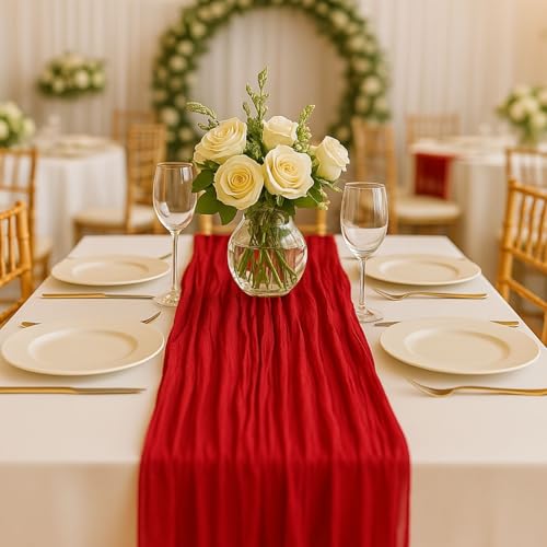 Red Cheesecloth Table Runner 120-Inch Rustic Boho Gauze Table Decor