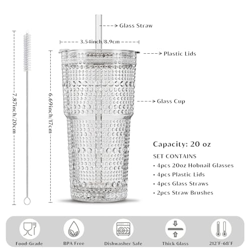 20 oz Hobnail Glass Tumblers with Lids and Straws - 4 Piece Set