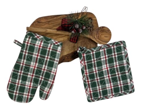 Serafina Home Green Red White Tartan Christmas Pot Holder & Oven Mitt Set