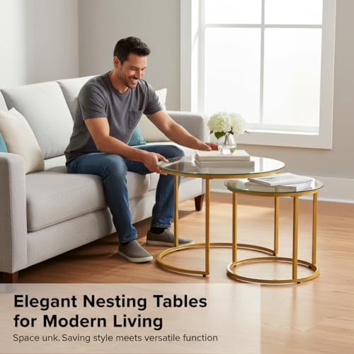 Round Nesting Coffee Table Set of 2, Modern Marble Pattern Stacking Tables