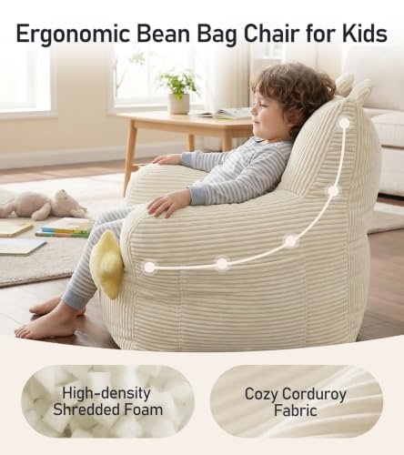 Kids Bean Bag Chair with Plush Toys & Side Pocket, Beige Corduroy Seat