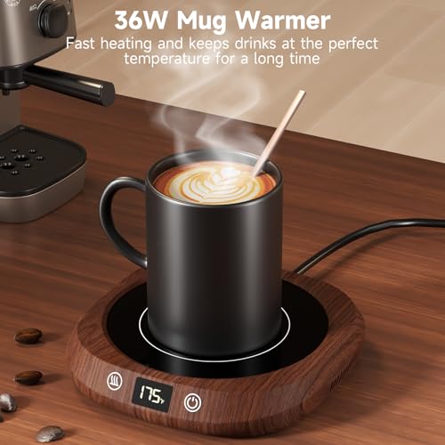 GNIYUIX Wood Grain Coffee Mug Warmer with 5 Temp & Auto Shut Off – Desk Beverage Heater