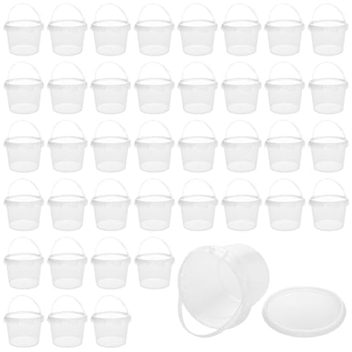 40 Pack Clear Plastic Buckets with Lids & Handles - 34 oz Food & Beverage Storage