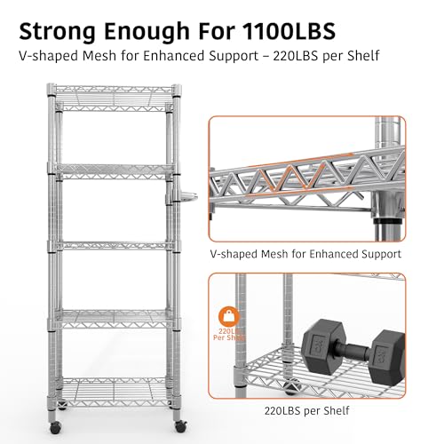 61-Inch Rolling Metal Wire Storage Rack with 5 Tiers and Wheels