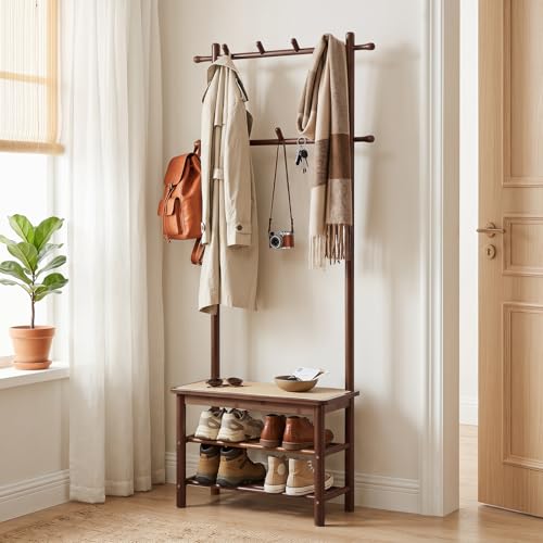 3-in-1 Bamboo Hall Tree with Shoe Storage Bench and Coat Rack