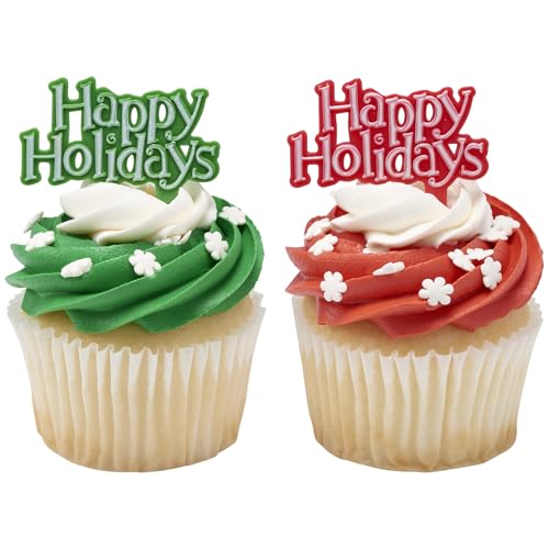 Holiday Tidings Christmas Cupcake Toppers - 24 Festive Food Safe Decorations