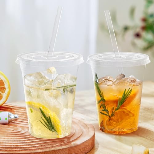 16 oz Clear Plastic Cups with Lids & Straws (100 Pack) - Iced Coffee Cups