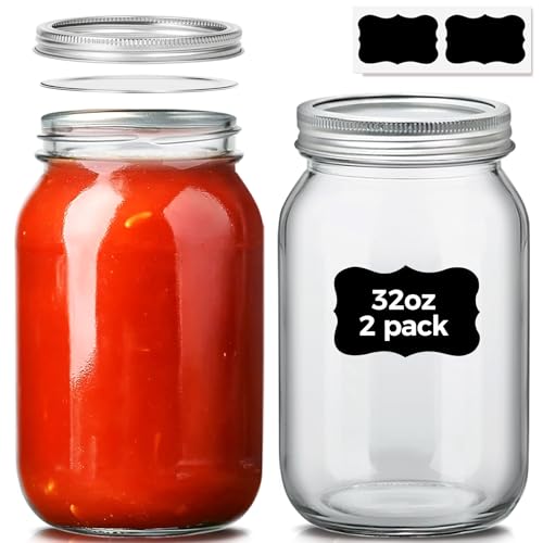 32 oz Wide Mouth Mason Jars with Lids (2 Pack) - 1 Quart Glass Canning Jars