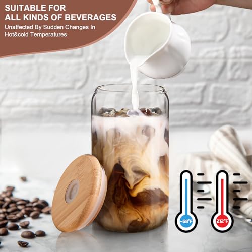 16 oz Glass Coffee Cups with Lids and Straws, Set of 2 Reusable Tumblers