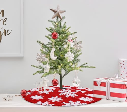 Red 24 Inch Faux Fur Snowflake Christmas Tree Skirt - Indoor Outdoor Holiday Decor