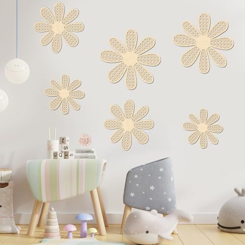 6-Piece Boho Wooden Daisy Flower Wall Decor Set, Rustic Floral Art