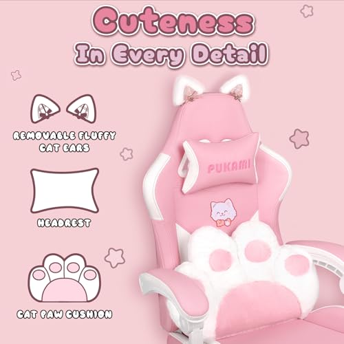 Kawaii Pink Gaming Chair with Cat Ears, Footrest and Lumbar Support