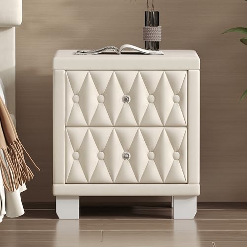 Velvet Upholstered Nightstand with 2 Drawers and Crystal Handles, Beige